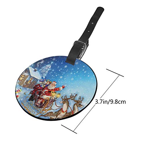 Round Travel Luggage Tags,Santa In Sleigh with Reindeer and Toys In Snowy North Pole Tale Fantasy Image,Leather Baggage Tag