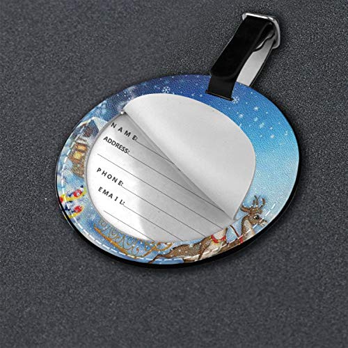 Round Travel Luggage Tags,Santa In Sleigh with Reindeer and Toys In Snowy North Pole Tale Fantasy Image,Leather Baggage Tag