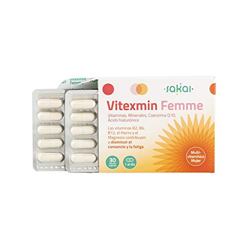 Sakai - Vitexmin Femme Complejo Multivitamínico ideal para la Mujer. Vitaminas, Minerales, Coenzima Q10 y Ácido Hialurónico. Energía, Belleza, Bienestar, Vitalidad y Salud Femenina