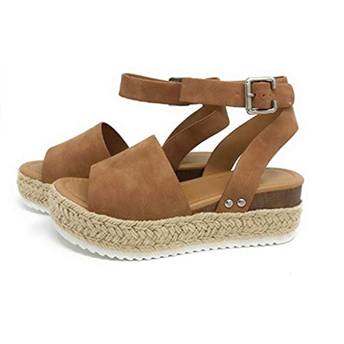 Sandalias Mujer Verano 2019 cáñamo Fondo Grueso Sandalias Punta Abierta Cuero Fondo Plano Zapatos Bohemias Romanas Hebilla Zapatillas Gris 35-43 riou