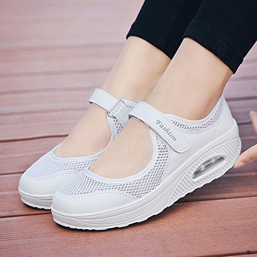 Sandalias para Mujer Malla Merceditas Plataforma Ligero Zapatillas Sneaker Mary Jane Casual Zapatos de Deporte Mocasines Negros Verano A-Blanco-2 EU38