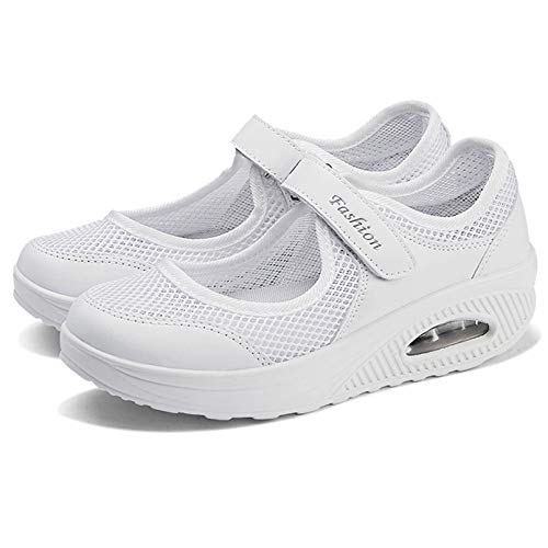 Sandalias para Mujer Malla Merceditas Plataforma Ligero Zapatillas Sneaker Mary Jane Casual Zapatos de Deporte Mocasines Negros Verano A-Blanco-2 EU38