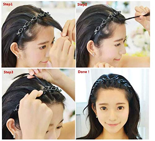 saonan 2Pcs Double Bangs Hairstyle Hairpin, Bangs Braid Headband Hair Styling Barrettes Clips, Women's Hair Hoop Band Headband with Tooth Hair Braid Tool Twist Clip Send Two Hairpins (Black+Brown)