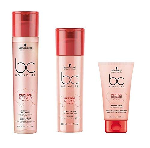 Schwarzkopf Bonacure Peptide Repair Rescue Micellar Shampoo 250ml, Conditioner 200ml and Sealed Ends 75ml