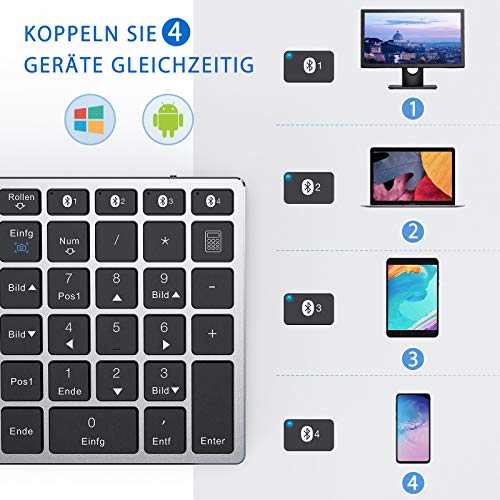 Seenda - Teclado Bluetooth con 4 canales Bluetooth, ultrafino recargable, de aluminio, teclado inalámbrico QWERTZ de tamaño completo para Windows PC/portátil/teléfono móvil/tablet