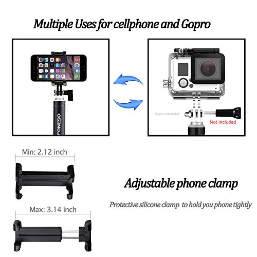 Selfie palo, Foneso Selfie Bluetooth Selfie Stick Monopod Profesional Ajustable Auto-bloqueo con control remoto para Smartphones y GoPro Negro