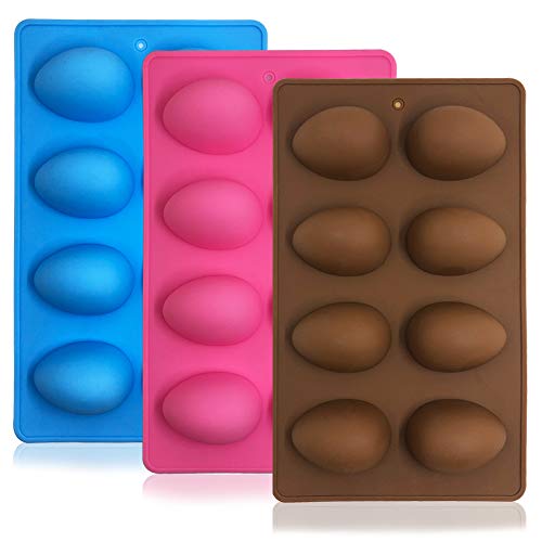 SENHAI 3 moldes de silicona en forma de huevo, 8 cavidades de grado alimenticio para decoración de tartas, chocolate, pastelería, pan, cubitos de hielo, jabón, rosa, azul, marrón