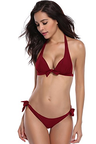 SHEKINI Mujeres Tie Side Bottom Halter Bandeau Bikini Traje de baño Trajes de baño Dos Piezas (Medium, Vino)