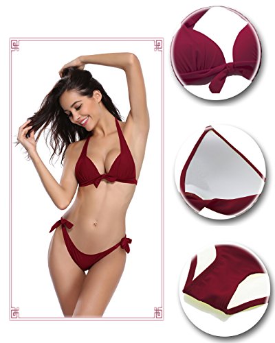 SHEKINI Mujeres Tie Side Bottom Halter Bandeau Bikini Traje de baño Trajes de baño Dos Piezas (Medium, Vino)