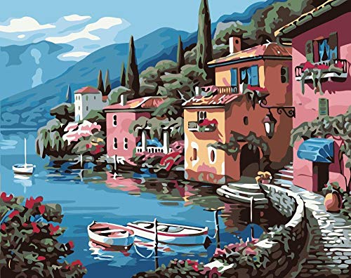 Sin Marco, Pintura por números DIY Pintura al óleo Villa Junto al Lago DIY Acrílica Pintura Kit para Adultos y Niños Principiantes Decoración hogareña 40x50cm