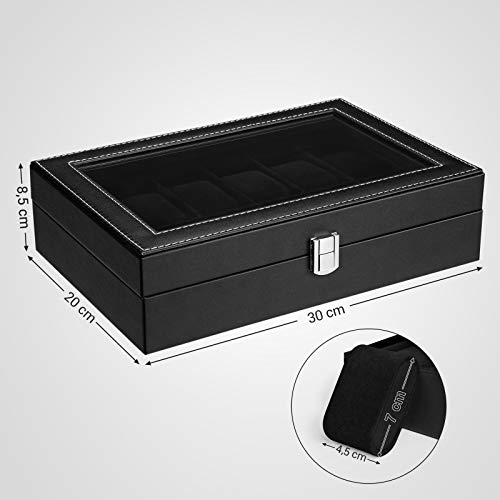 SONGMICS JWB12B-Caja (12 Compartimentos, Tapa de Cristal, Estuche para Relojes extraíble, Piel sintética), Color Negro, 32,5 x 19 x 8,5 cm