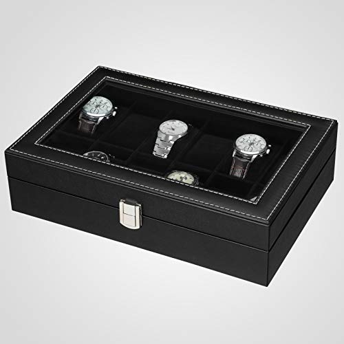 SONGMICS JWB12B-Caja (12 Compartimentos, Tapa de Cristal, Estuche para Relojes extraíble, Piel sintética), Color Negro, 32,5 x 19 x 8,5 cm