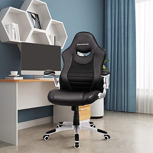 SONGMICS Silla de Oficina Giratoria, Silla Ergonómica, con Apoyabrazos abatibles, Base de Estrella de Nylón, Carga Máxima de 150 kg, Negro OBG63BK