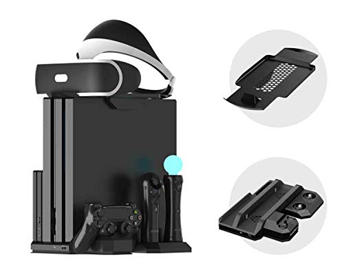 Soporte Vertical para PlayStation - ElecGear PSVR Stand, Ventilador de Refrigeración, Estación de carga cargador de controlador DualShock y Move Motion Controller Mando Charger para PS4, Slim y Pro