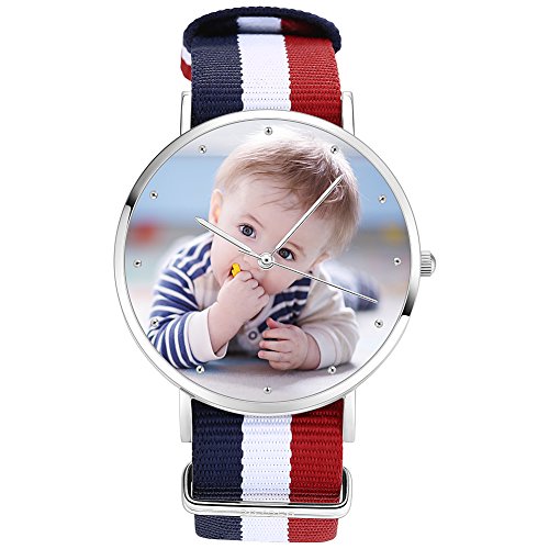 SOUFEEL Reloj Personalizado Foto y Grabado Caracteres Banda Nylon Impermeable Ultra-Delgada Clásico Regalo para Familia Mujer Novia Bebe Nuevo con Caja Elegante