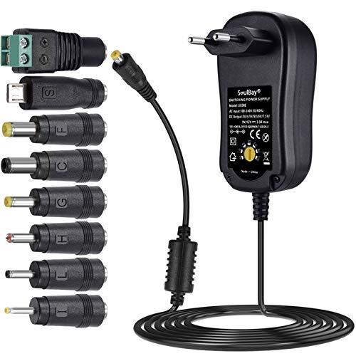 SoulBay 36W Adaptador Universal de AC DC Regulables Fuente de alimentación 3V / 4,5V / 5V / 6V / 7,5V / 9V / 12V Cargado Incl. 8 enchufes adaptadores -3000mA máximo