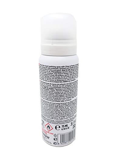 Spray para manos higienizante perfumado. Limpieza e higiene de manos con secado rápido sin aclarado. (Cítricos y melocotón, 12 botes de 75 ml)