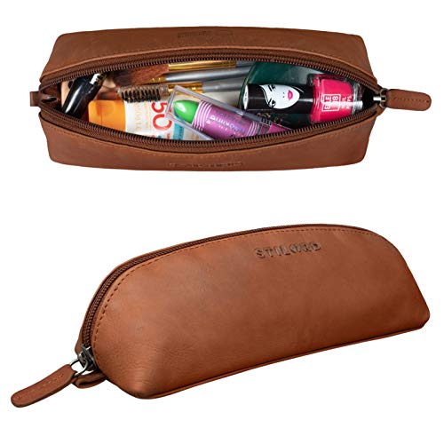 STILORD 'Yuma' Bolso de Cosméticos de Cuero Estuche o Bolsa Bolígrafos Portatodo Escolare Maquillaje para Damas Cartuchera de Piel auténtica, Color:girona - marrón