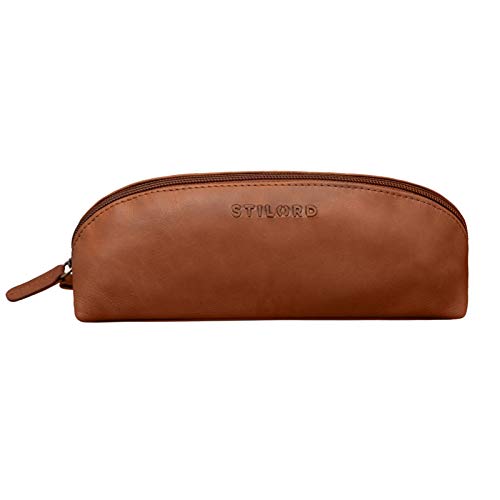 STILORD 'Yuma' Bolso de Cosméticos de Cuero Estuche o Bolsa Bolígrafos Portatodo Escolare Maquillaje para Damas Cartuchera de Piel auténtica, Color:girona - marrón