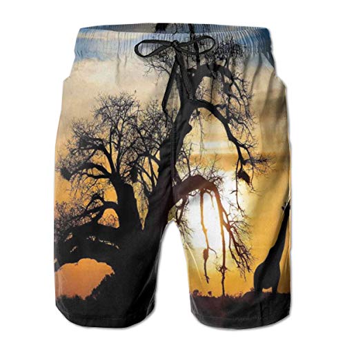 Swimming Shorts Funny Printed,Sunset In Africa Baobab Tree and Giraffes Silhouette At Sunset Sky Exotic Scenery,Quick Dry Beach Board Trunks with Mesh Lining,Large