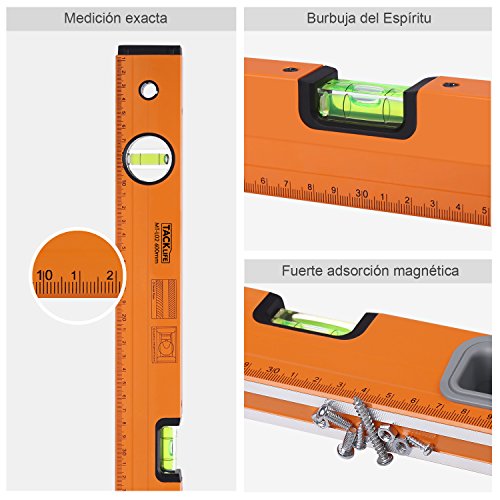 TACKLIFE 600mm Nivel de Burbuja Magnética, Precisión Nivel Tubular Industrial con 3 Burbuja Horizontal para medir horizontal, vertical, 45 °de ángulo, la escala de alta - MT-L02