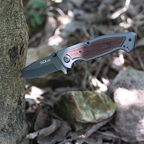 TACKLIFE FK01 Cuchillo Plegable Avanzado, Navaja de Acero Inoxidable de Bolsillo, con Mango de Metal y Madera, Diseño Elegante y Distintivo