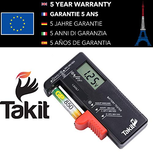 TAKIT Probador De Pilas Digital para AA, AAA, C, D, PP3, 9V, 1.5V, Pila Boton - 5 Años De Garantía