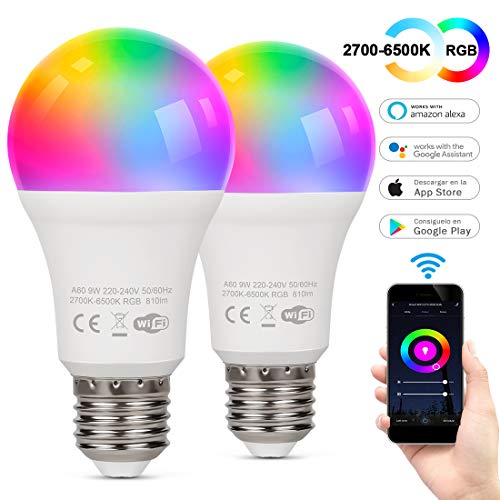 TAOCOCO Bombilla LED inteligente WiFi con luz cálida Luz de color variable 2700k-6200k + RGB,Compatible con Alexa, Echo, Google Home e IFTTT, E27 9W RGB Color Cambio Bombilla, 2 PCS