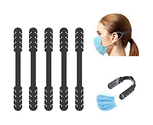 TBOC Salvaorejas Mascarillas Extensor Ajustable - [Pack 5 Piezas] Correa Antideslizante con Hebillas de Silicona [Negra] con Agarres para Sujetar Cuello Aliviar las Molestias Presión Cara Salva Orejas