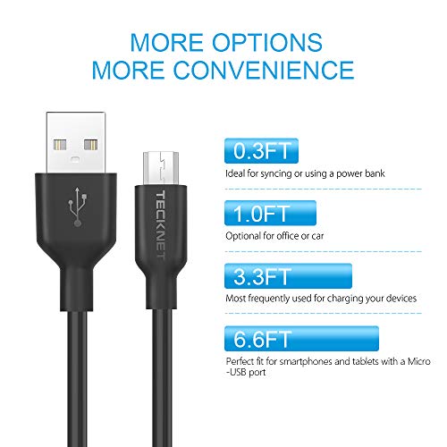 TECKNET Cable Micro USB, 6 Unidades (1x2M+3x1M+1x30CM+1X10CM) de Alta Velocidad - 2.4A USB Micro Cable de Carga para Tableta, Galaxy S7 / S6, Sony, Huawei, LG, Nexus, HTC, Kindle, PS4