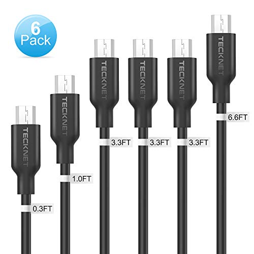 TECKNET Cable Micro USB, 6 Unidades (1x2M+3x1M+1x30CM+1X10CM) de Alta Velocidad - 2.4A USB Micro Cable de Carga para Tableta, Galaxy S7 / S6, Sony, Huawei, LG, Nexus, HTC, Kindle, PS4