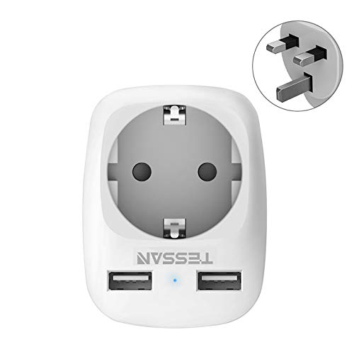 TESSAN Adaptador Enchufe Ingles UK Inglaterra Adaptador de Viaje con 2 USB (2.4A), Español 2 Patas Europa hacia 3 Patas Reino Unido RU para Irlanda Escocia Britanico Maldivas（Tipo G） Blanco