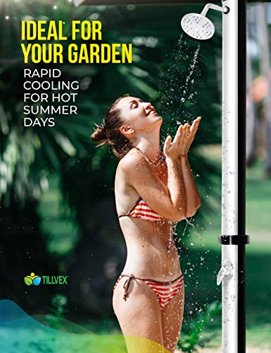 tillvex Ducha de Jardín 20 litros | Ducha Solar con Agua Caliente | Para Piscina, Camping | Sin Conexión Eléctrica | Cabezal de Ducha de Lluvia y Grifo | Conexión de Manguera de Jardín Negro/Plateado