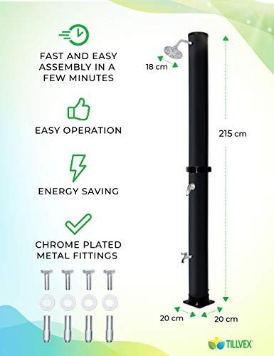 tillvex Ducha de Jardín 35 litros | Ducha Solar con Agua Caliente | Para Piscina, Camping | Sin Conexión Eléctrica | Cabezal de Ducha de Lluvia y Grifo | Conexión de Manguera de Jardín (Negro)