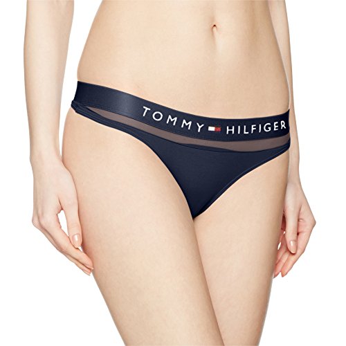 Tommy Hilfiger Algodón Tanga de Cintura Elástica Distintiva con Inserción De Malla, Azul (Navy Blazer), 40 (Talla del Fabricante: LG) para Mujer