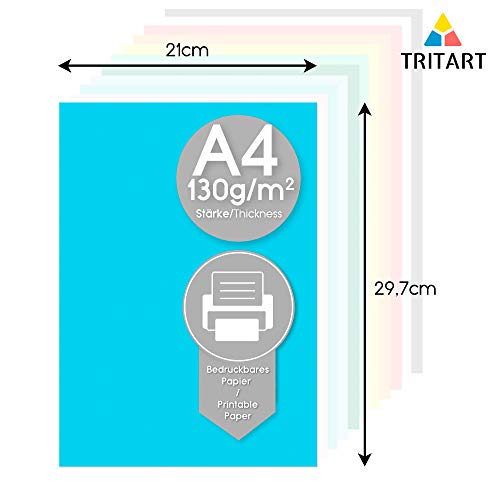 Tritart – Papel de colores, A4, 130 g/m2, 120 hojas de papel de manualidades, resistente, totalmente teñido, estable y creativo para manualidades, 12 colores diferentes, para manualidades