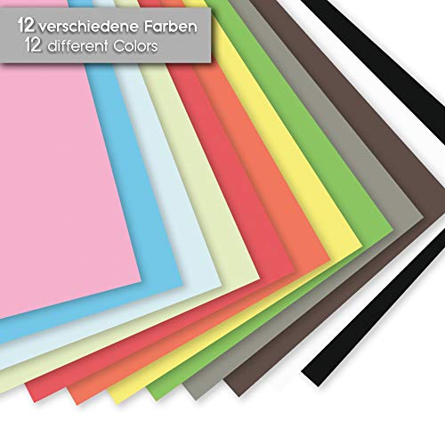 Tritart – Papel de colores, A4, 130 g/m2, 120 hojas de papel de manualidades, resistente, totalmente teñido, estable y creativo para manualidades, 12 colores diferentes, para manualidades