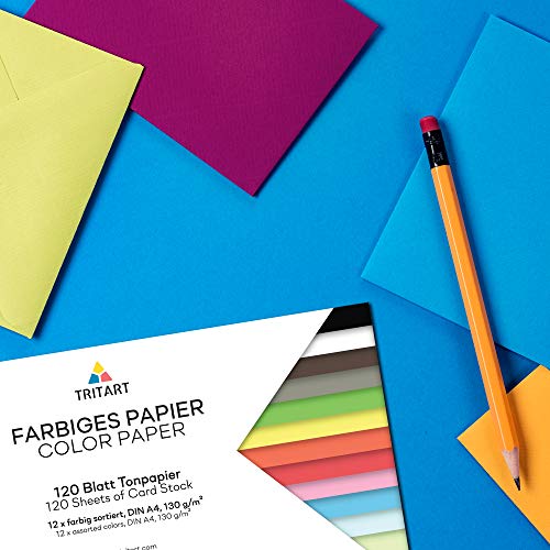 Tritart – Papel de colores, A4, 130 g/m2, 120 hojas de papel de manualidades, resistente, totalmente teñido, estable y creativo para manualidades, 12 colores diferentes, para manualidades