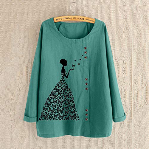 TUDUZ Blusas Mujer Manga Larga Camisas Botón Camisetas Impresión Tops Suelto Talla Extra M-5XL (Verde.h, XXXXXL)