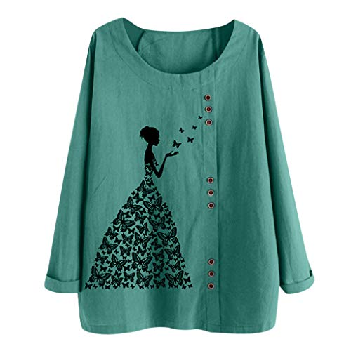 TUDUZ Blusas Mujer Manga Larga Camisas Botón Camisetas Impresión Tops Suelto Talla Extra M-5XL (Verde.h, XXXXXL)