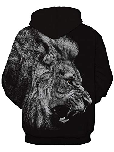 TUONROAD Hoodie Hombre Funny León 3D Impreso Negro Sudaderas con Capucha Ligero Unisex Sweatshirt Confortable Pullover Colorido Manga Larga Sweater Hoody con Bolsillos Cordón S-M