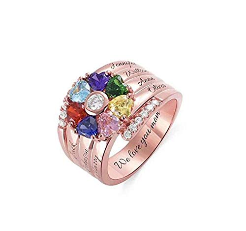 TWinkle Anillo Familiar Personalizado con 7 Nombre y corazón Birthstone Regalo del día de la Madre para mamá Abuela(Oro rosa-14.5)