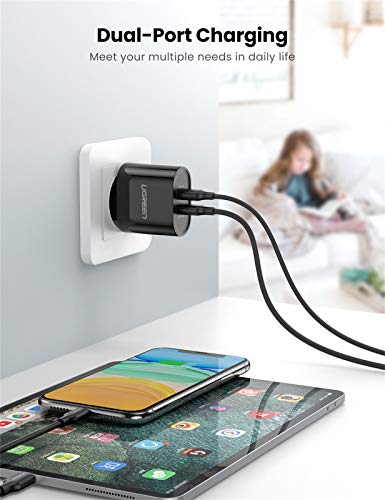 UGREEN Cargador USB Pared con 2 USB Puertos 5V 2.4A y 5V 1A Enchufe Multipuerto Europeo para iPhone XR, XS, X, 8, Samsung Galaxy A70, S7, J6, Xiami Redmi Note 7, Note 6 Pro, Huawei P10 Lite - Negro