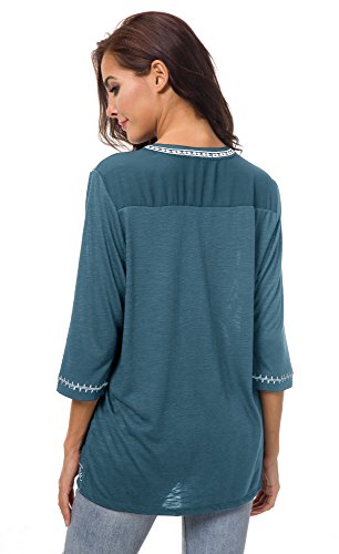 Urban GoCo Mujer Camisas Manga 3/4 Boho Blusa Bordado T-Shirt Tops (X-Large, Azul Tinta)