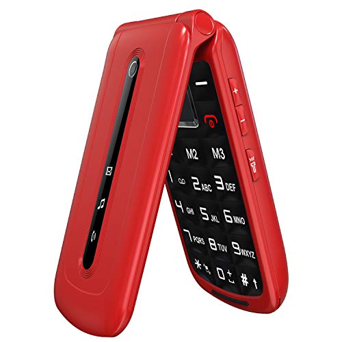 Ushining Teléfono Móvil Libre, Teléfono Móvil para Mayores Teclas Grandes con Tapa Pantalla de 2,4 Pulgadas (Emergencia Botón SOS, Dual SIM, Cámara, Bluetooth, Reproductor MP3) - Rojo