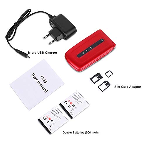 Ushining Teléfono Móvil Libre, Teléfono Móvil para Mayores Teclas Grandes con Tapa Pantalla de 2,4 Pulgadas (Emergencia Botón SOS, Dual SIM, Cámara, Bluetooth, Reproductor MP3) - Rojo