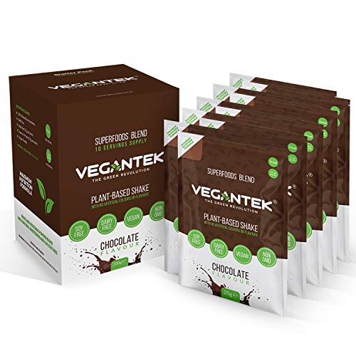 VeganTek Superalimentos10 sobres 4 en 1 Paquete básico de mezcla de proteínas Apto para Dieta Keto Apto para Mezcla Vegana de Chocolate Sin lácteos Sin soja Bajo en carbohidratos 200g