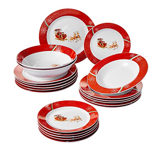 VEWEET, Serie CHRISTMASDEER, Servicio de Cena, 20 Piezas, para 6 Personas, 6 Platos, 6 Platos, 6 Platos de Postre, 2 Ensaladeras, Porcelana