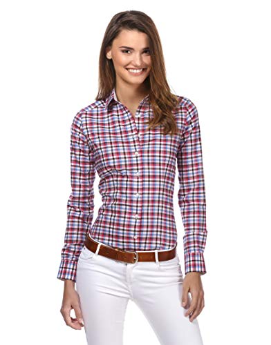 Vincenzo Boretti Camisa de Mujer, Corte Ligeramente más angosto, 100% algodón, Manga-Larga, Cuello Kent, de Cuadros, fácil de Planchar, Elegante y clásica Vino Tinto 38