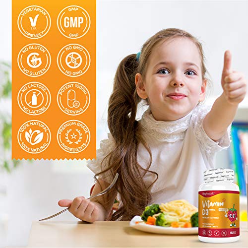 Vitamina D Niños - Comprimidos Masticables para Niños 1000 UI, 180 Comprimidos - Sin Azúcar, Suministro para 1 año, Apoyo Natural para el Sistema Inmunitario, Huesos y la Absorción de Calcio